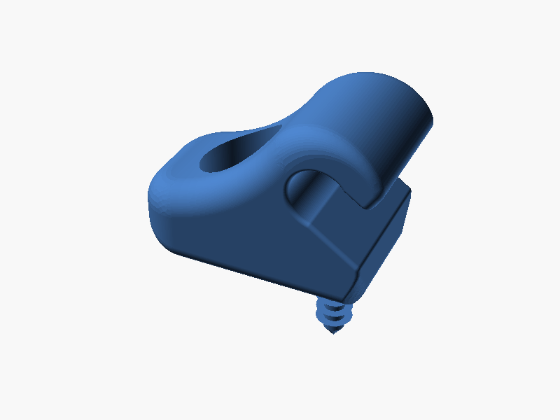 CAD render of the v12 visor clip: crescent body, C-hook, screw hole, and a six-barb fir-tree pin.