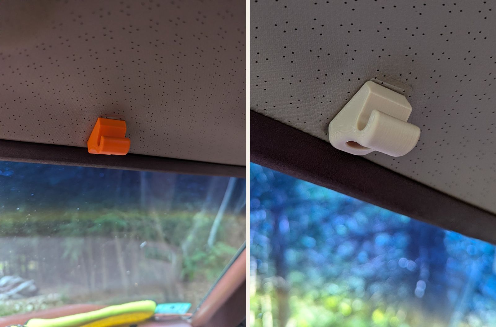 A boxy orange v8 clip beside the smoother tan v12, both on the same headliner.